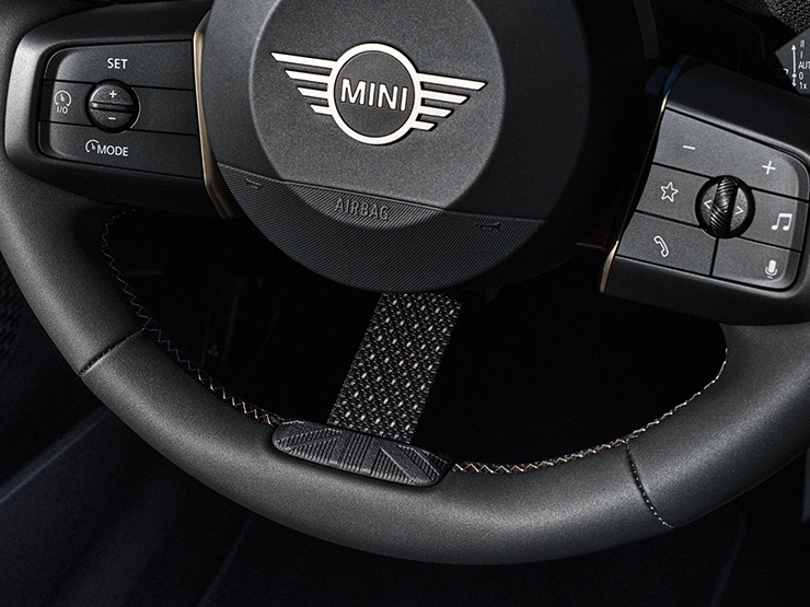 Detail view of the MINI Cooper Oxford Edition steering wheel.
