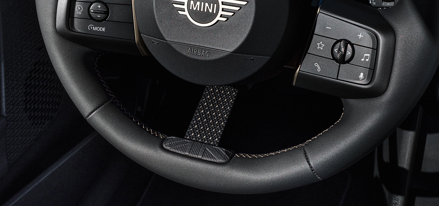 Detail view of the MINI Cooper Oxford Edition steering wheel.
