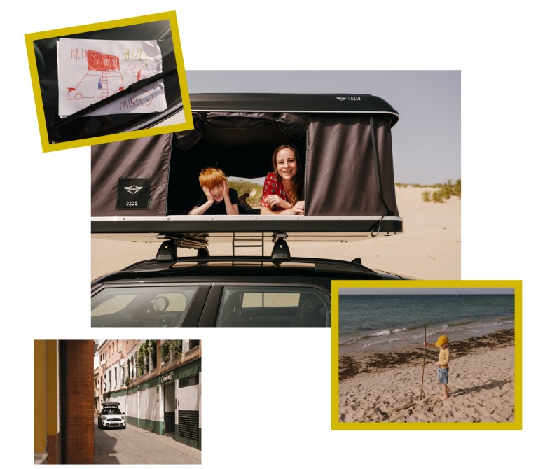 Mother and son in the roof tent.   Exploring Seville with the MINI Countryman.   The boy named Pepe at the beach.