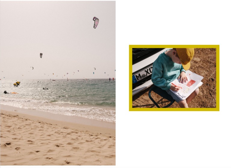 Kitesurfers at the beach in Tarifa. Pepe is drawing the MINI Countryman with the roof tent.