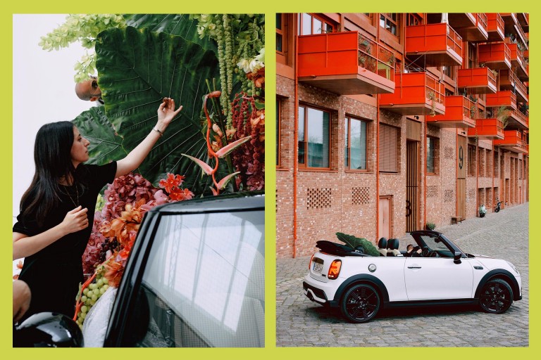 Left: Ruby works on set; right: The MINI Convertible is parking in front of a building with leaves the size of elephant ears aboard. 