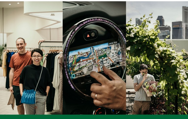 A collage consisting of three pictures: on the left the designers Tamir Niv and Gin Lee from GINLEE Studio, in the middle a detail shot of a hand and the MINI’s touch screen operated navigation system, on the right Bjorn Low at one of his rooftop farms.