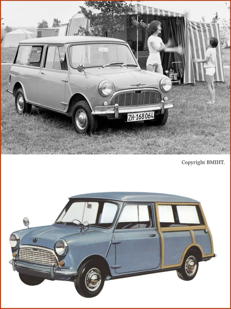 Black and white image: A black and white photograph of the Morris Mini Traveller. The image under that one: A photograph of the Austin Mini Countryman.